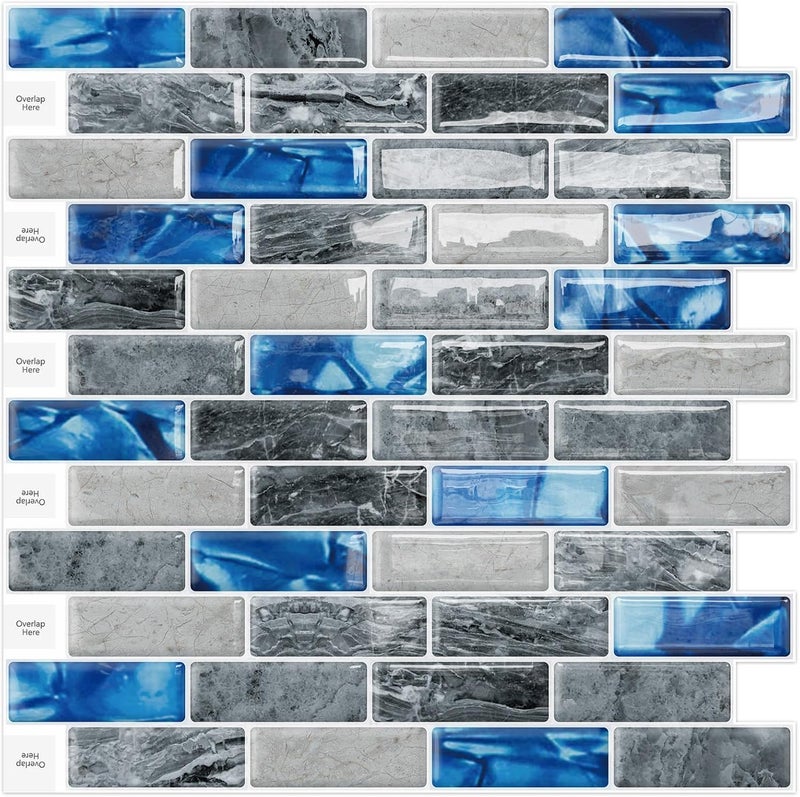 DEWOO Kitchen Backsplash Self Adhesive Wall 3D Marble Tiles Peel and Stick Bathroom, Blue (10-Sheet, 12"×12") - Image 1